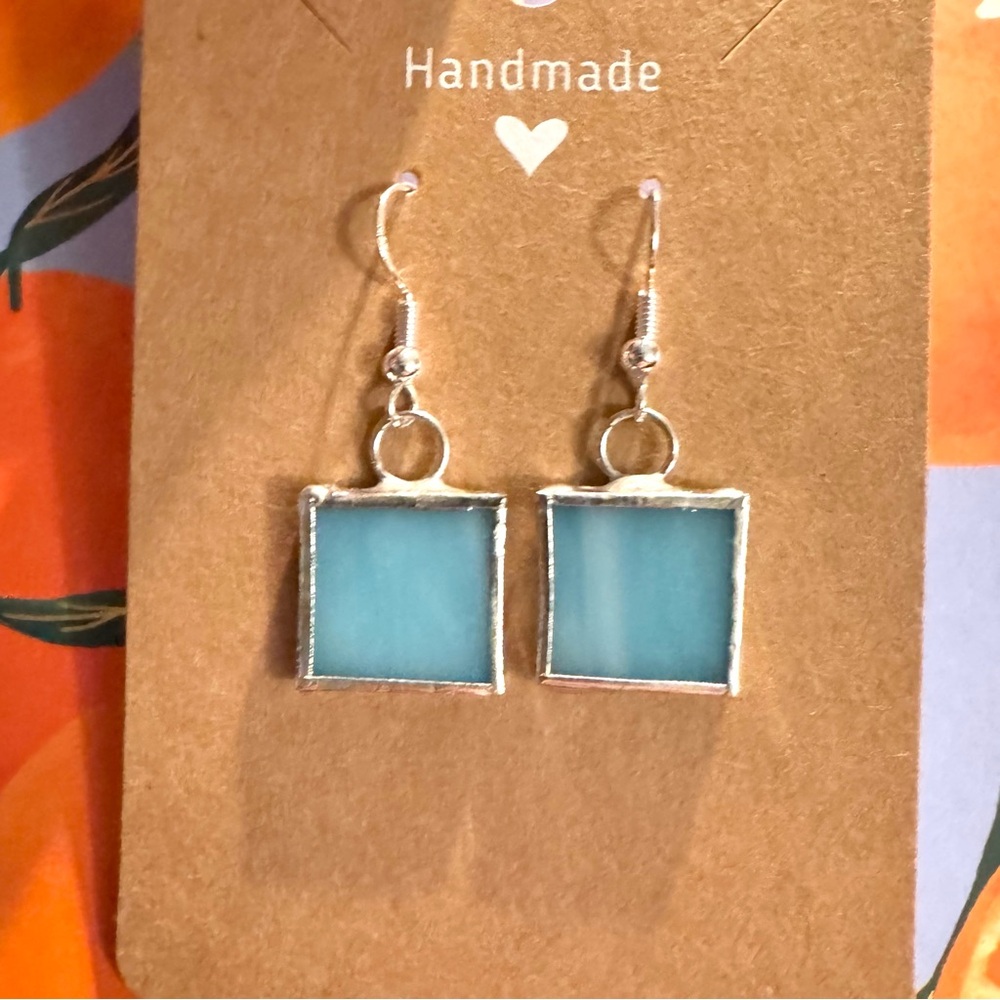 Handcrafted Light Blue Stained Glass Square Earrings
